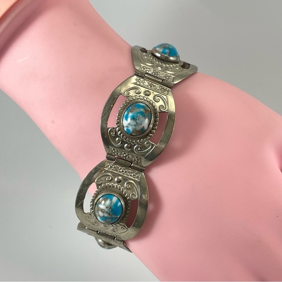 VINTAGE ESTATE ALPACA SILVER IMITATION TURQUOISE BLUE GLASS 6.5” BRACELET - Picture 1 of 8